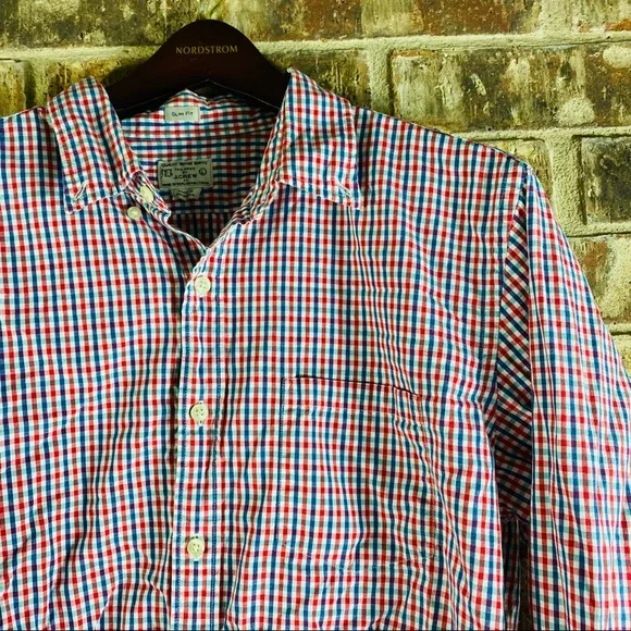 Tailored by J. Crew Men Slim Fit Gingham Check Red Blue Button Down Shirt Size: - Picture 4 of 8